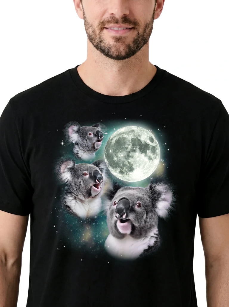 MagicMoon Three Koala Moon on model, design detail view, Funny Animal Shirt