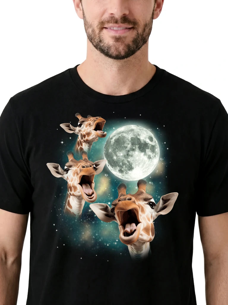 MagicMoon Three Giraffe Moon on model, design detail view, Funny Animal Shirt