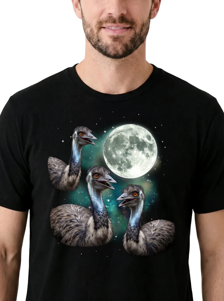 MagicMoon Three Emu Moon on model, design detail view, Funny Animal Shirt