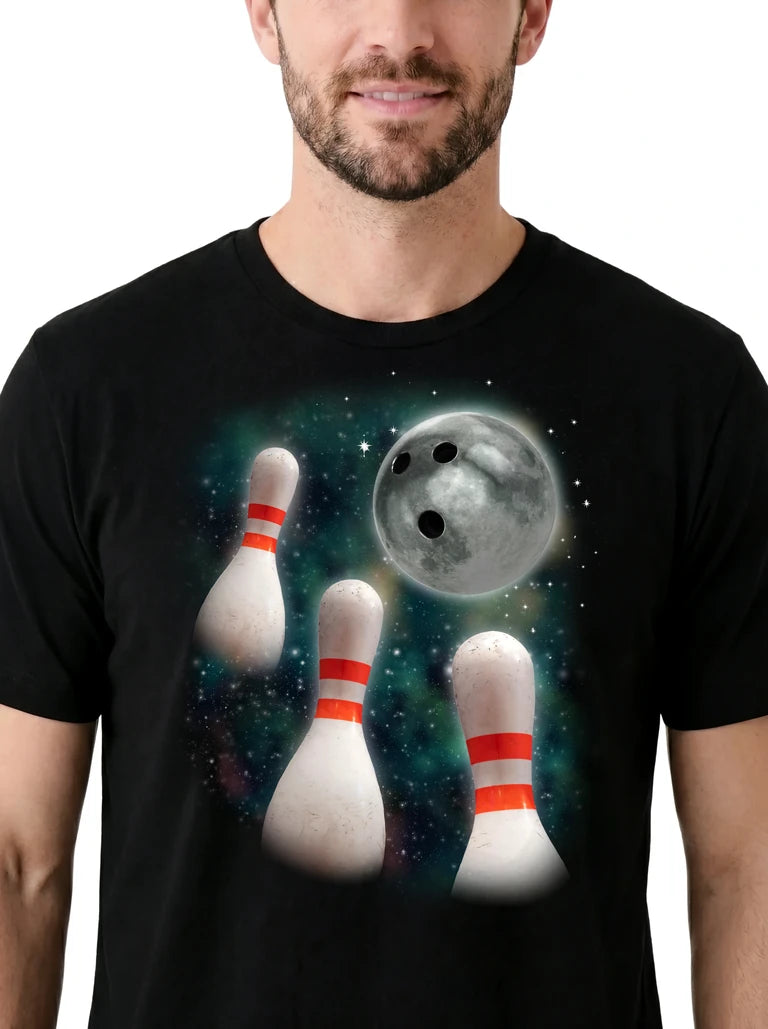 MagicMoon Three Bowling Pin Moon on model, design detail view, Funny Novelty Shirt