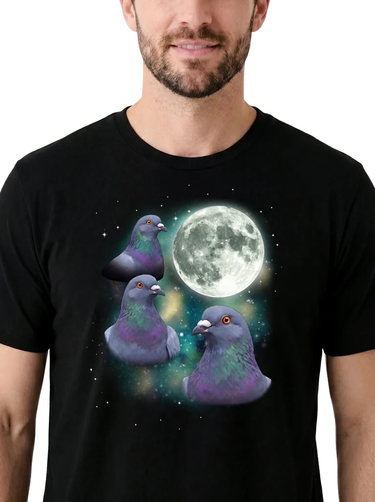 MagicMoon Three Pigeon Moon on model, design detail view, Funny Animal Shirt