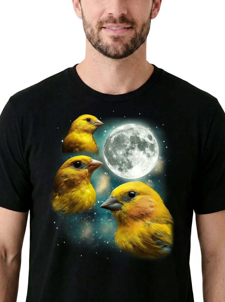 MagicMoon Three Canary Moon on model, design detail view, Funny Animal Shirt
