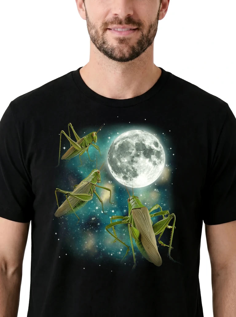 MagicMoon Three Grasshopper Moon on model, design detail view, Funny Animal Shirt