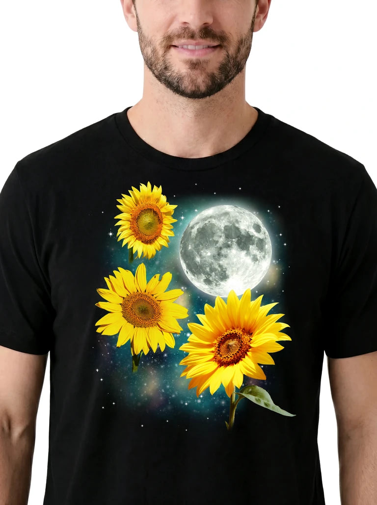 MagicMoon Three Sunflower Moon on model, design detail view, Funny Novelty Shirt