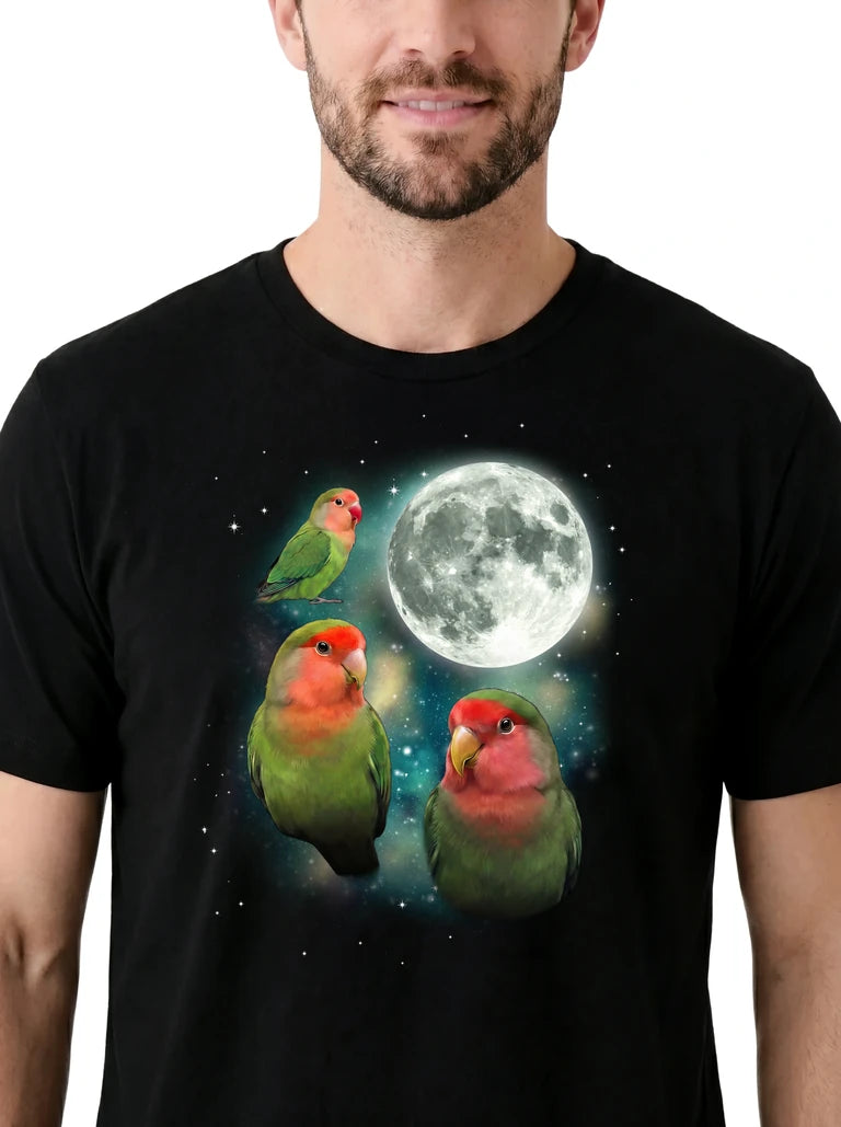 MagicMoon Three Lovebird Moon on model, design detail view, Funny Animal Shirt