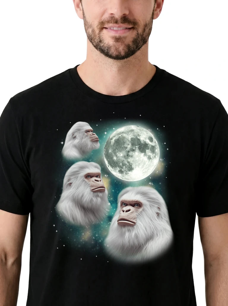 MagicMoon Three Yeti Moon on model, design detail view, Funny Novelty Shirt