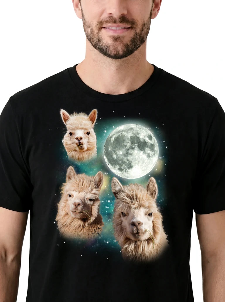 MagicMoon Three Alpaca Moon on model, design detail view, Funny Animal Shirt