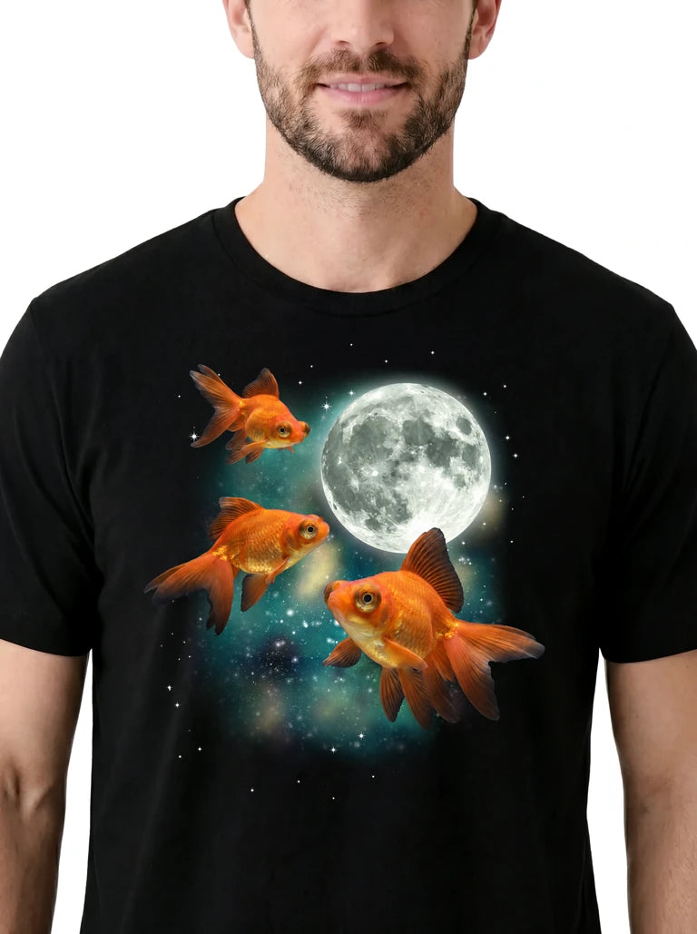 MagicMoon Three Goldfish Moon on model, design detail view, Funny Animal Shirt