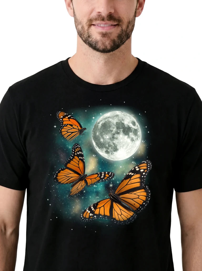 MagicMoon Three Butterfly Moon on model, design detail view, Funny Animal Shirt