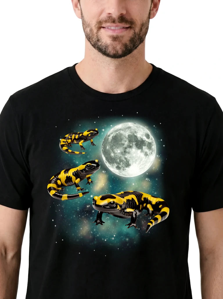 MagicMoon Three Salamander Moon on model, design detail view, Funny Animal Shirt