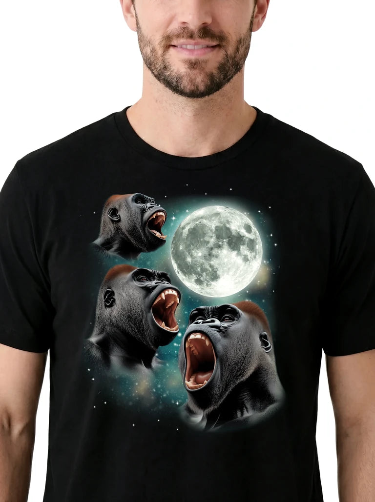 MagicMoon Three Gorilla Moon on model, design detail view, Funny Animal Shirt