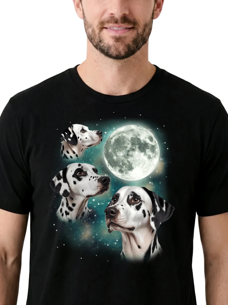 MagicMoon Three Dalmatian Moon on model, design detail view, Funny Animal Shirt