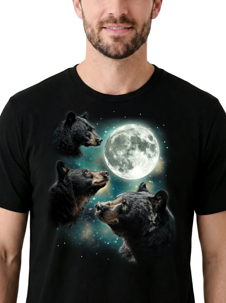 MagicMoon Three Black Bear Moon on model, design detail view, Funny Animal Shirt
