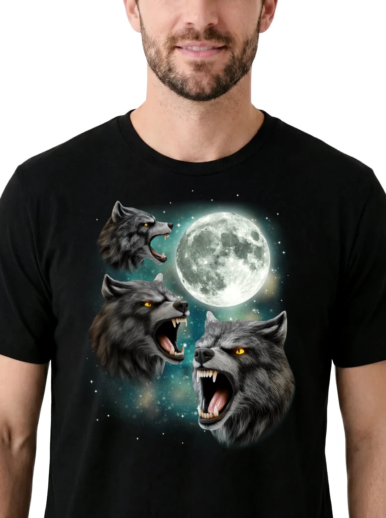 MagicMoon Three Werewolf Moon on model, design detail view, Halloween Costume Shirt