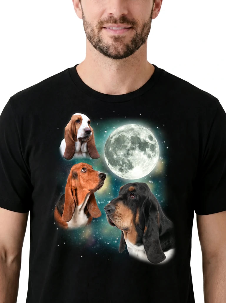 MagicMoon Three Hound Moon on model, design detail view, Funny Animal Shirt