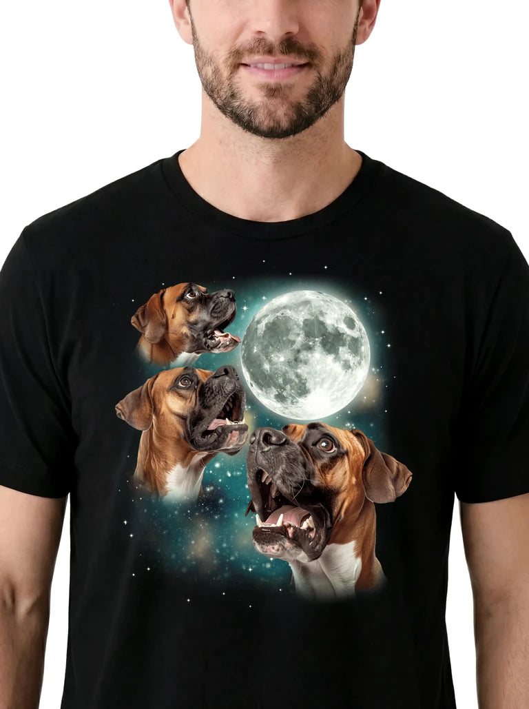 MagicMoon Three Boxer Moon on model, design detail view, Funny Animal Shirt
