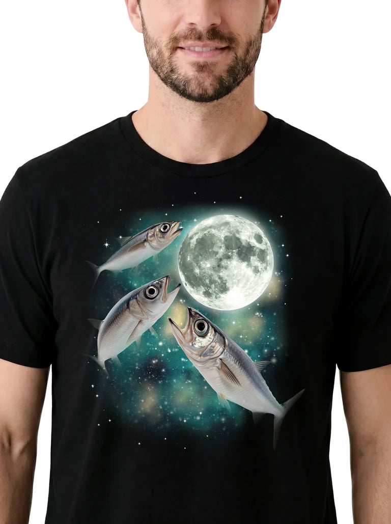 MagicMoon Three Anchovee Fish Moon on model, design detail view, Funny Animal Shirt