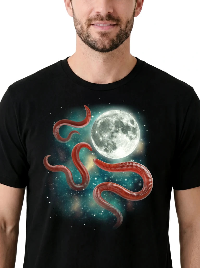 MagicMoon Three Worm Moon on model, design detail view, Funny Animal Shirt