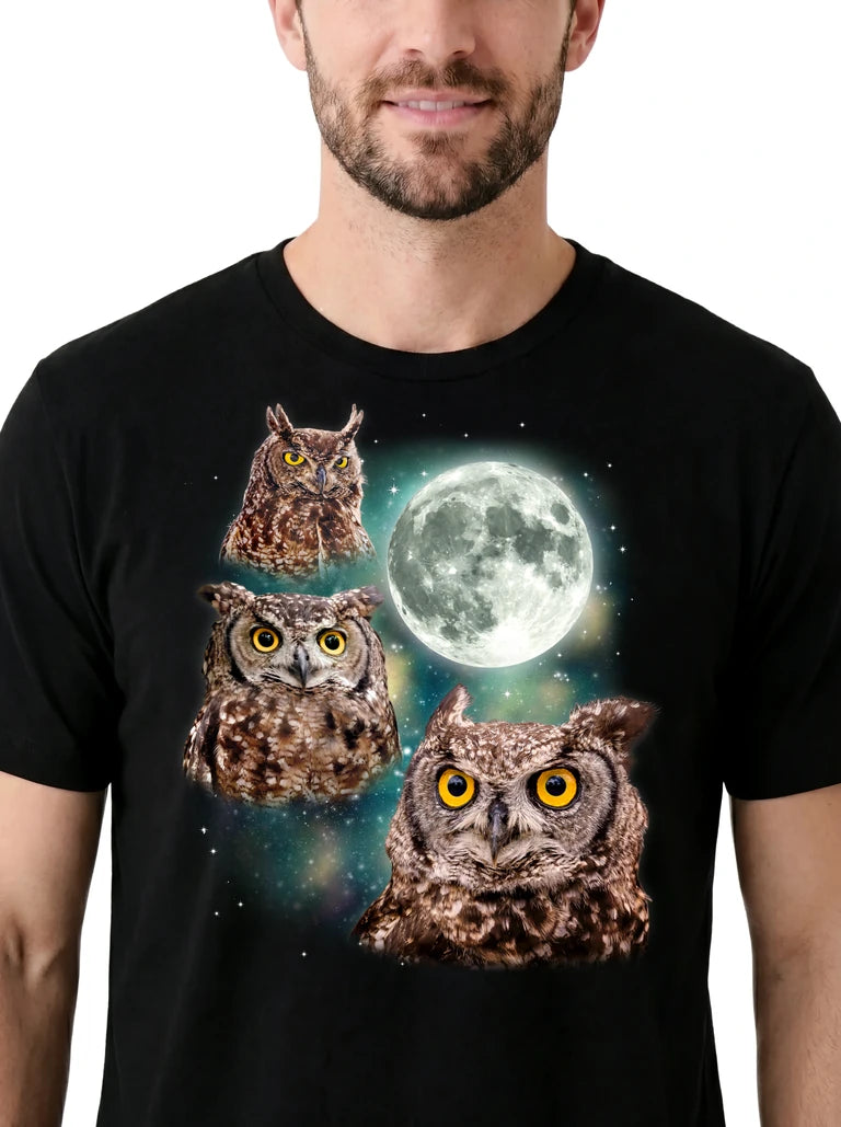 MagicMoon Three Owl Moon on model, design detail view, Funny Animal Shirt