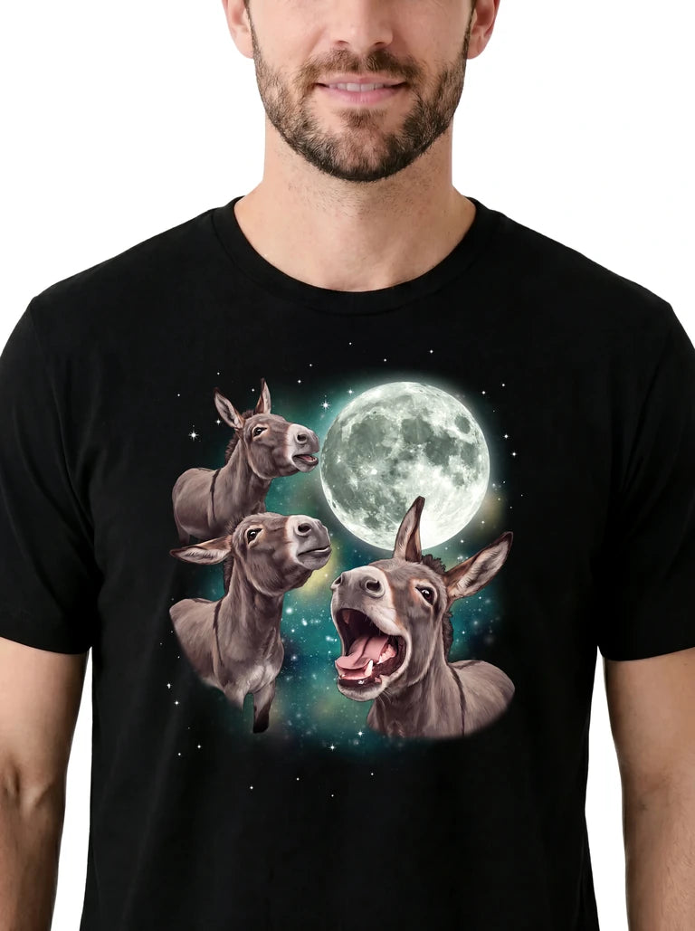 MagicMoon Three Donkey Moon on model, design detail view, Funny Animal Shirt