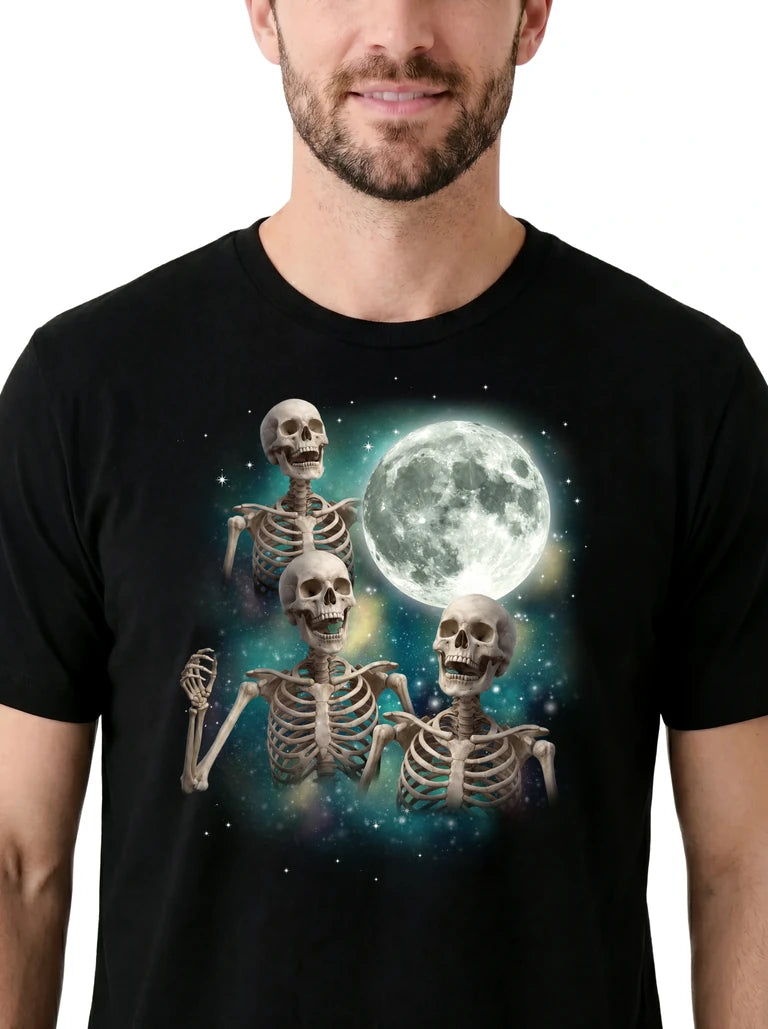 MagicMoon Three Skeleton Moon on model, design detail view, Halloween Costume Shirt