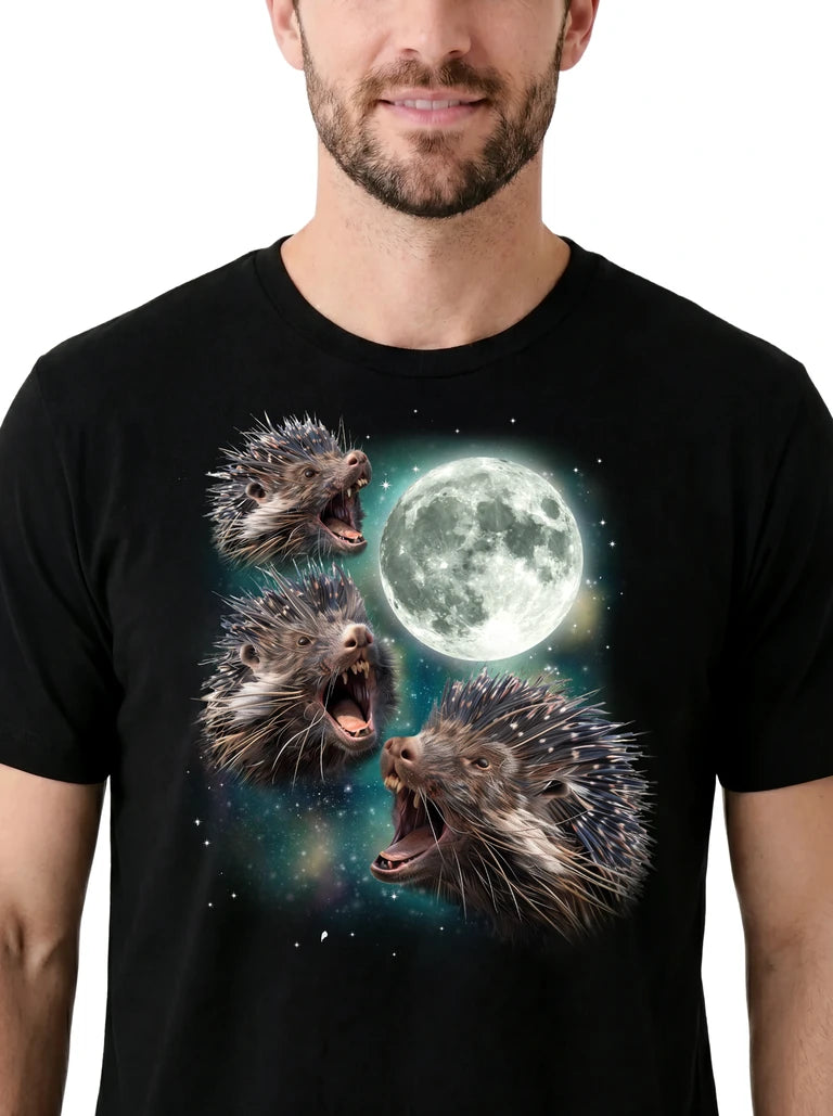 MagicMoon Three Porcupine Moon on model, design detail view, Funny Animal Shirt
