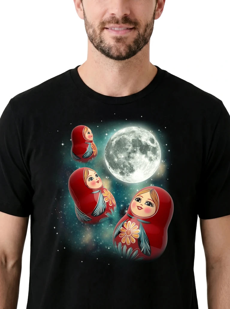 MagicMoon Three Matryoshka Doll Moon on model, design detail view, Funny Novelty Shirt