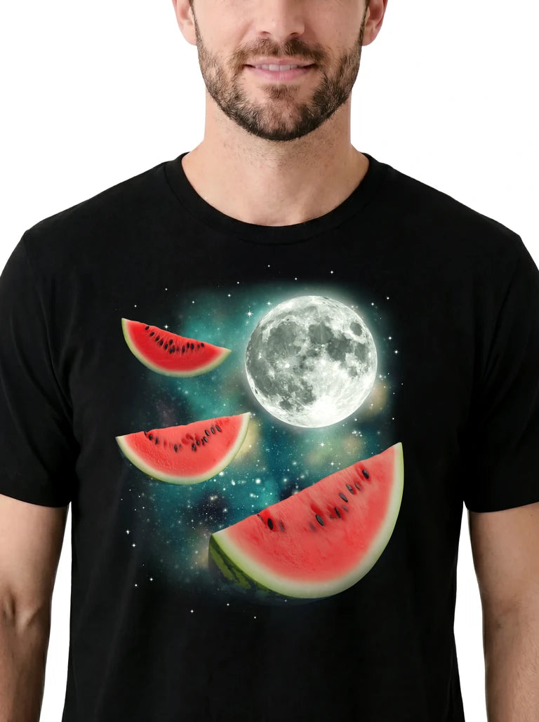 MagicMoon Three Watermelon Moon on model, design detail view, Funny Food Shirt