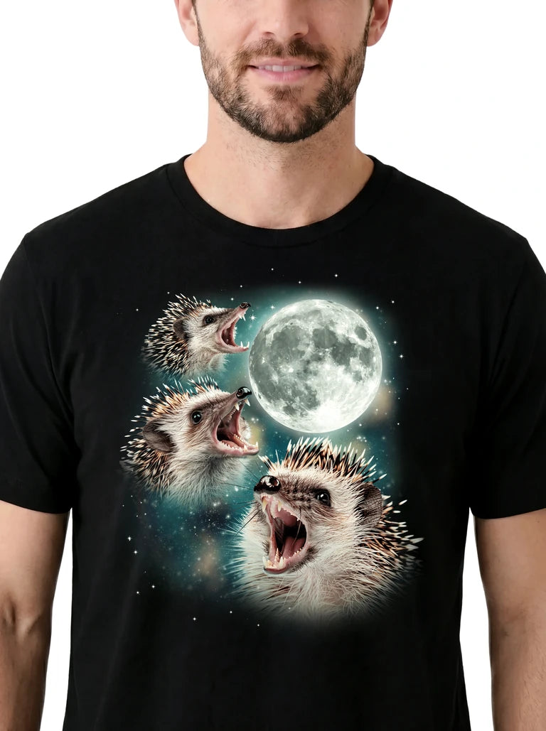 MagicMoon Three Hedgehog Moon on model, design detail view, Funny Animal Shirt