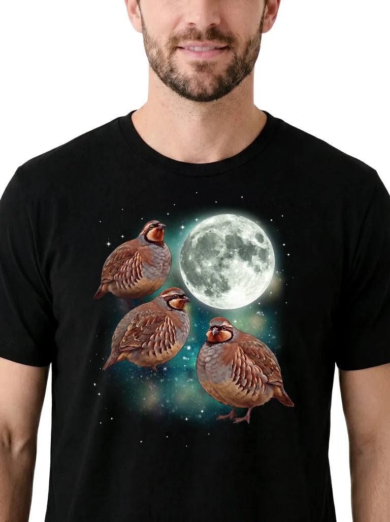 MagicMoon Three Partridge Moon on model, design detail view, Funny Animal Shirt