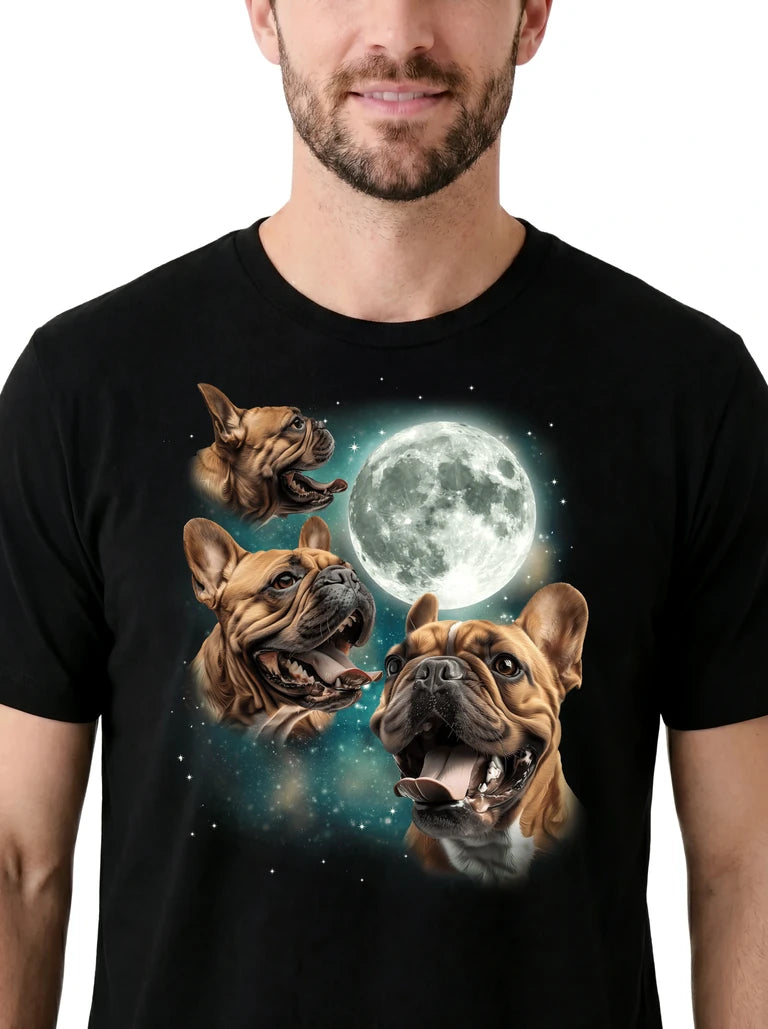 MagicMoon Three French Bulldog Brown Moon on model, design detail view, Funny Animal Shirt