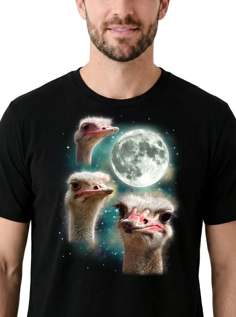 MagicMoon Three Ostrich Moon on model, design detail view, Funny Animal Shirt