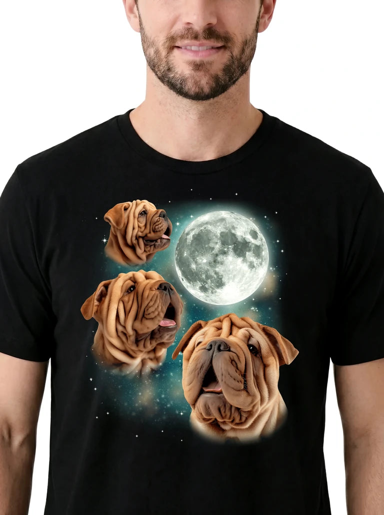 MagicMoon Three Chinese Shar-Pei Moon on model, design detail view, Funny Animal Shirt
