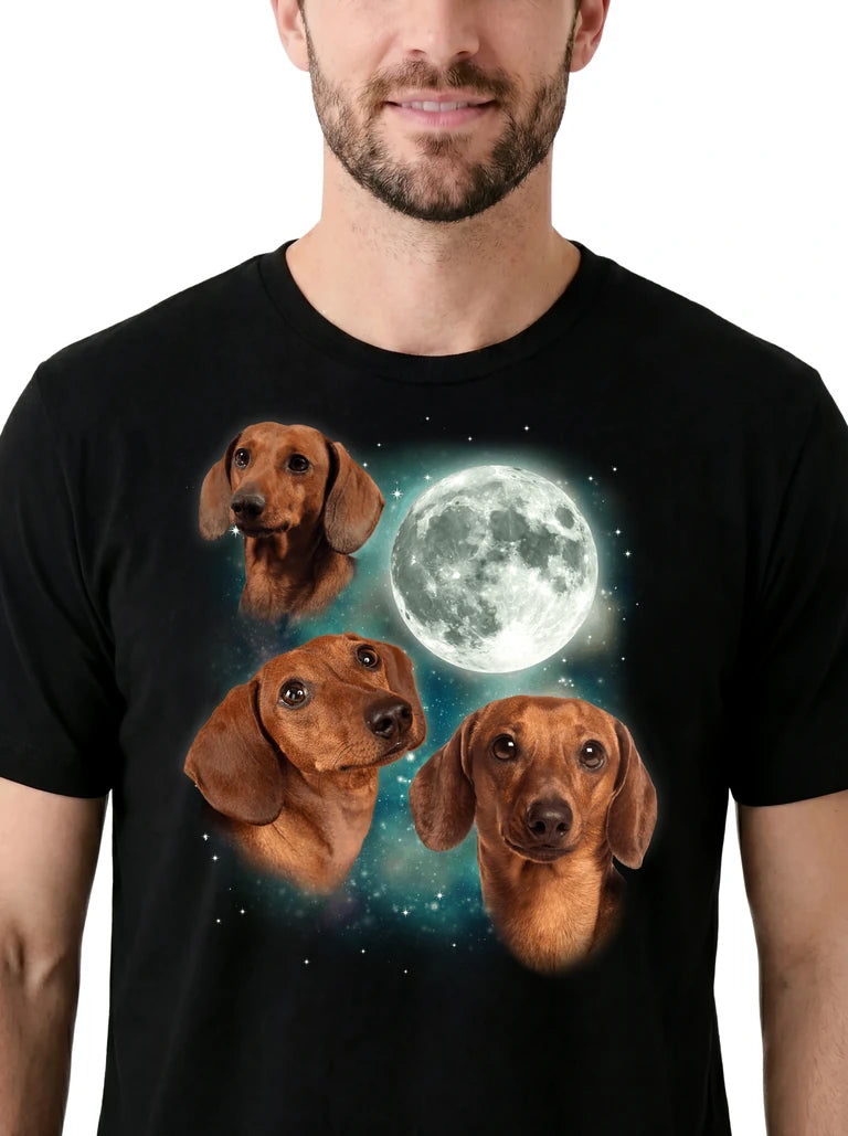 MagicMoon Three Dachshund 2 Moon on model, design detail view, Funny Animal Shirt