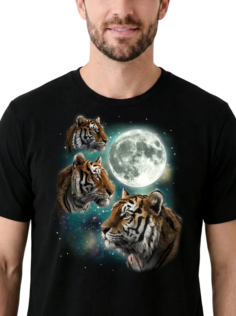 MagicMoon Three Tiger Moon on model, design detail view, Funny Animal Shirt
