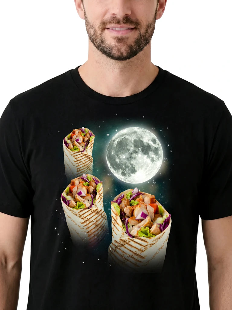 MagicMoon Three Burrito Moon on model, design detail view, Funny Food Shirt