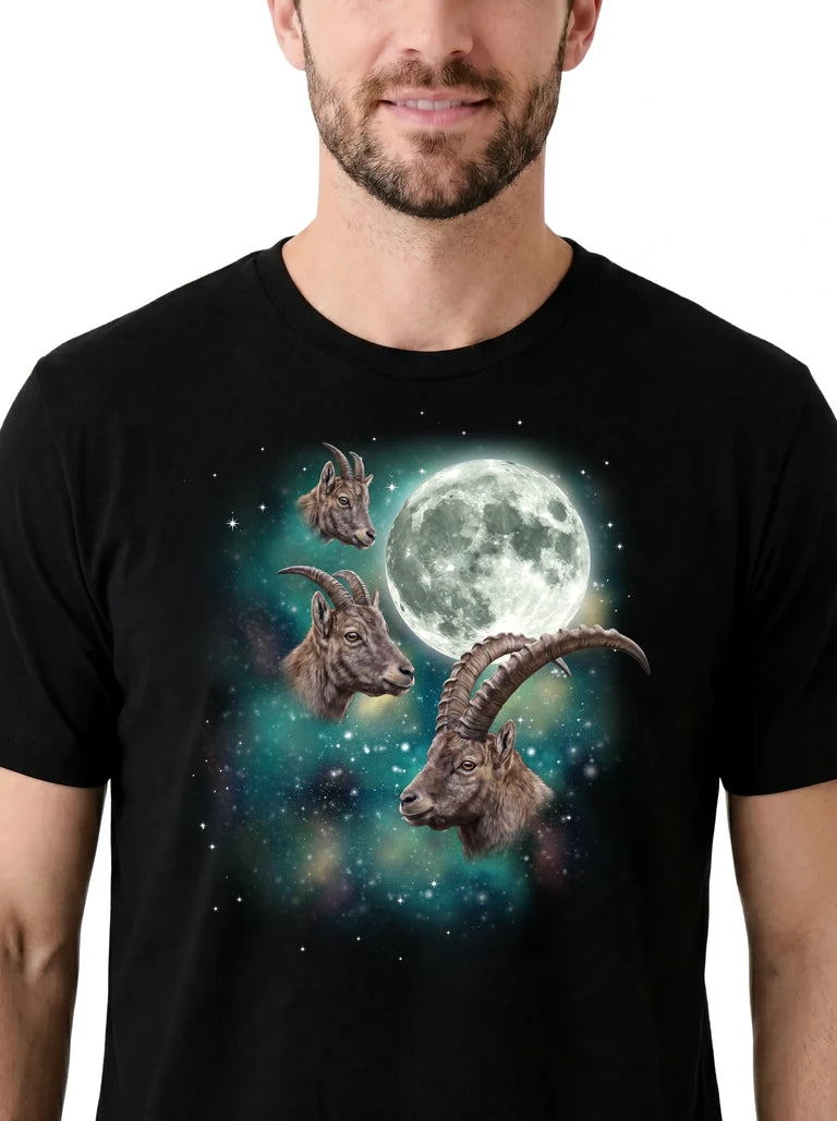 MagicMoon Three Ibex Moon on model, design detail view, Funny Animal Shirt