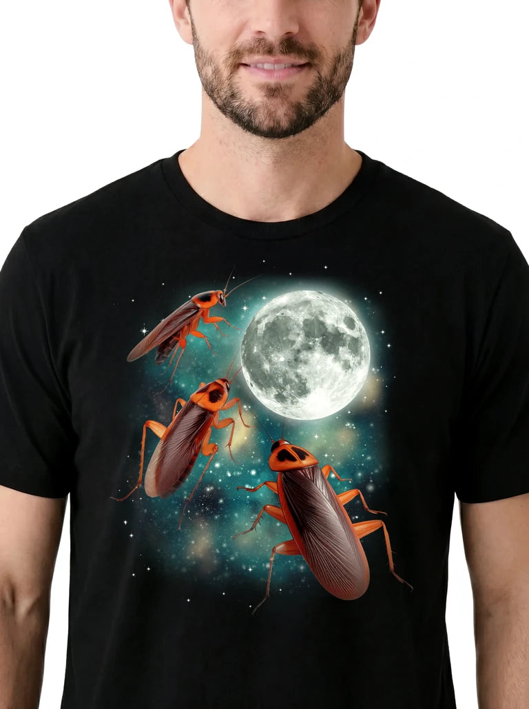 MagicMoon Three Cockroach Moon on model, design detail view, Funny Animal Shirt