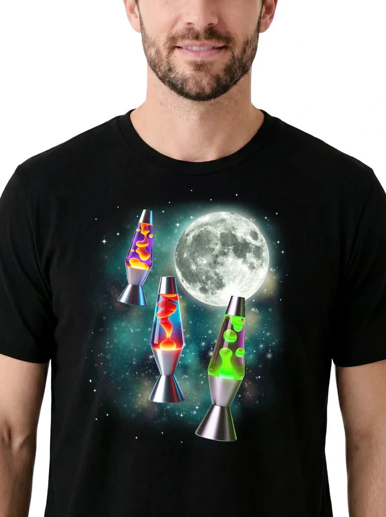MagicMoon Three Lava Lamps Moon on model, design detail view, Funny Novelty Shirt
