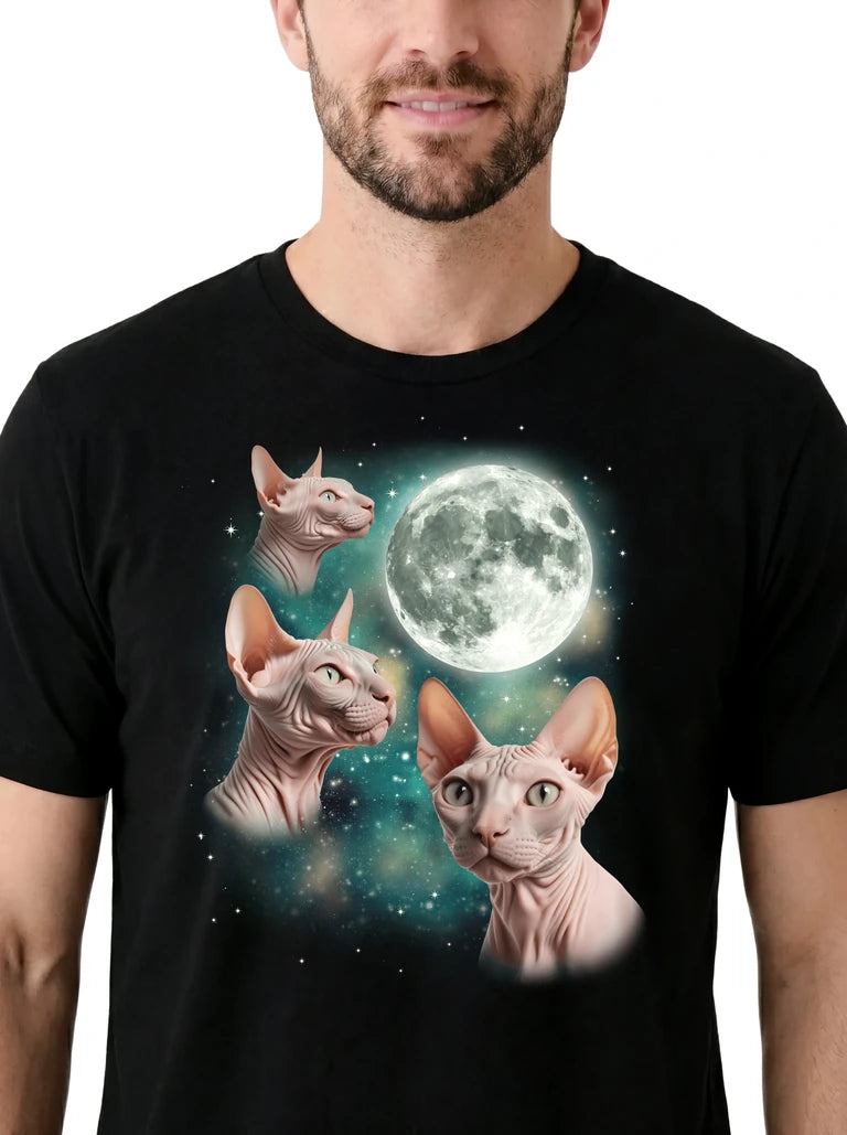 MagicMoon Three Sphynx Cat Moon on model, design detail view, Funny Novelty Shirt