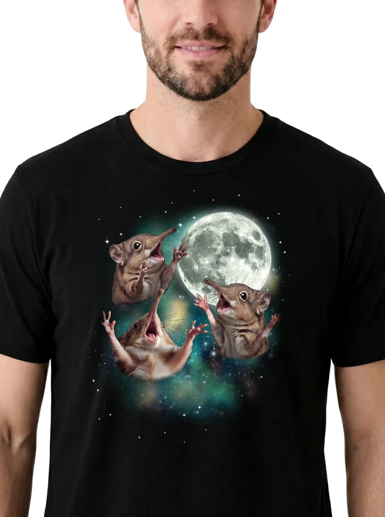 MagicMoon Three Elephant Shrew Moon on model, design detail view, Funny Animal Shirt