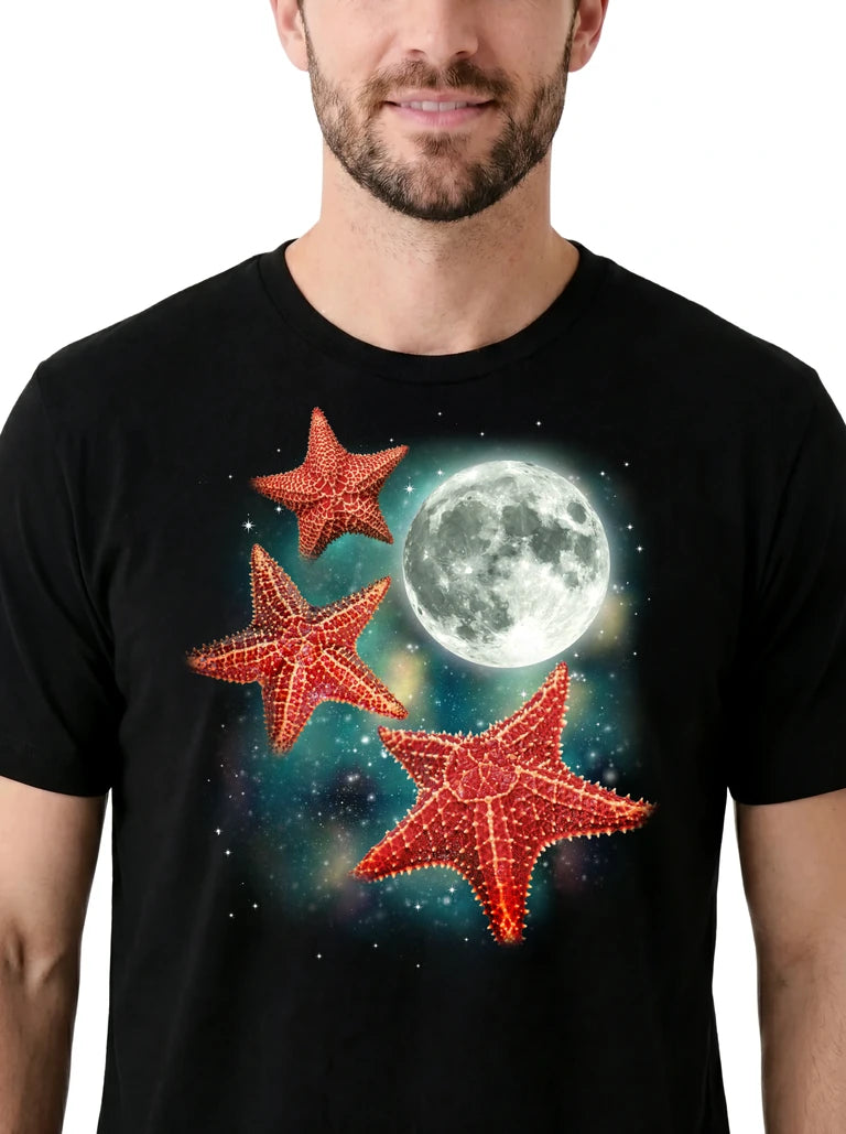MagicMoon Three Starfish Moon on model, design detail view, Funny Animal Shirt