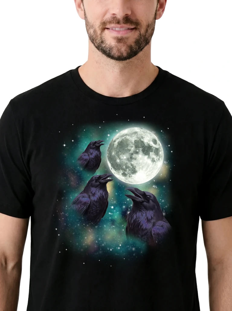 MagicMoon Three Raven Moon on model, design detail view, Funny Animal Shirt
