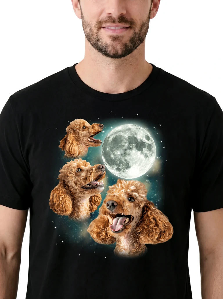 MagicMoon Three Poodle Moon on model, design detail view, Funny Animal Shirt