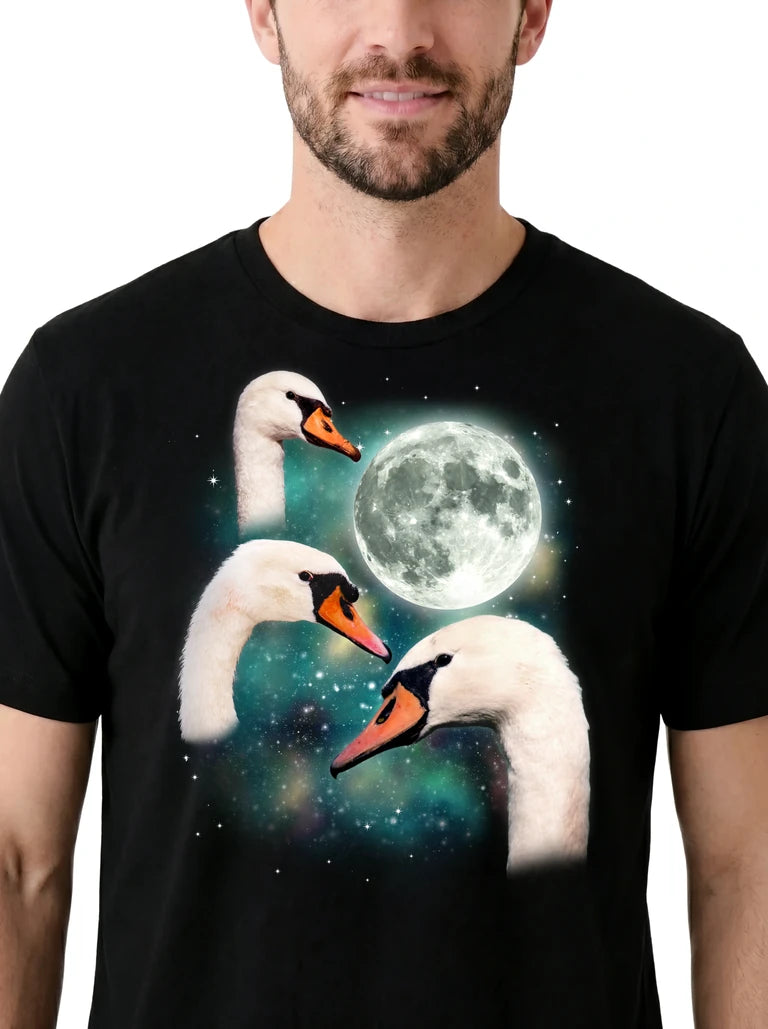 MagicMoon Three Swans Moon on model, design detail view, Funny Animal Shirt