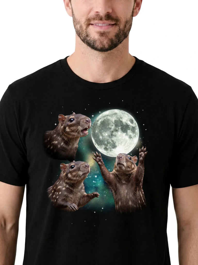 MagicMoon Three Paca Moon on model, design detail view, Funny Animal Shirt