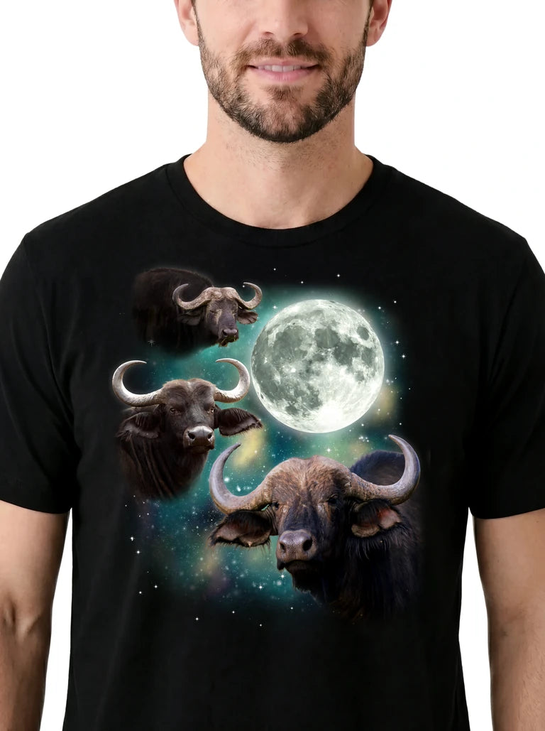 MagicMoon Three Buffalo Moon on model, design detail view, Funny Animal Shirt