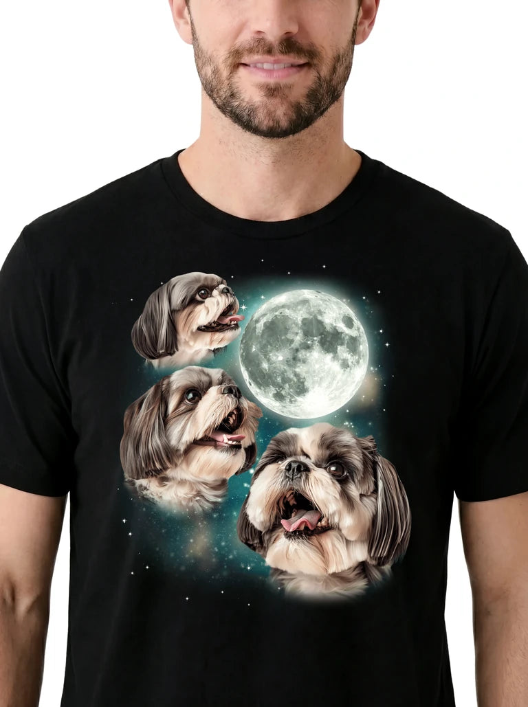 MagicMoon Three Shih Tzu Moon on model, design detail view, Funny Animal Shirt