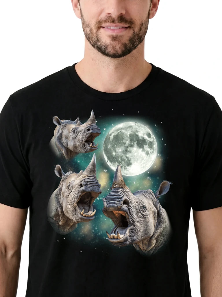 MagicMoon Three Rhino Moon on model, design detail view, Funny Animal Shirt