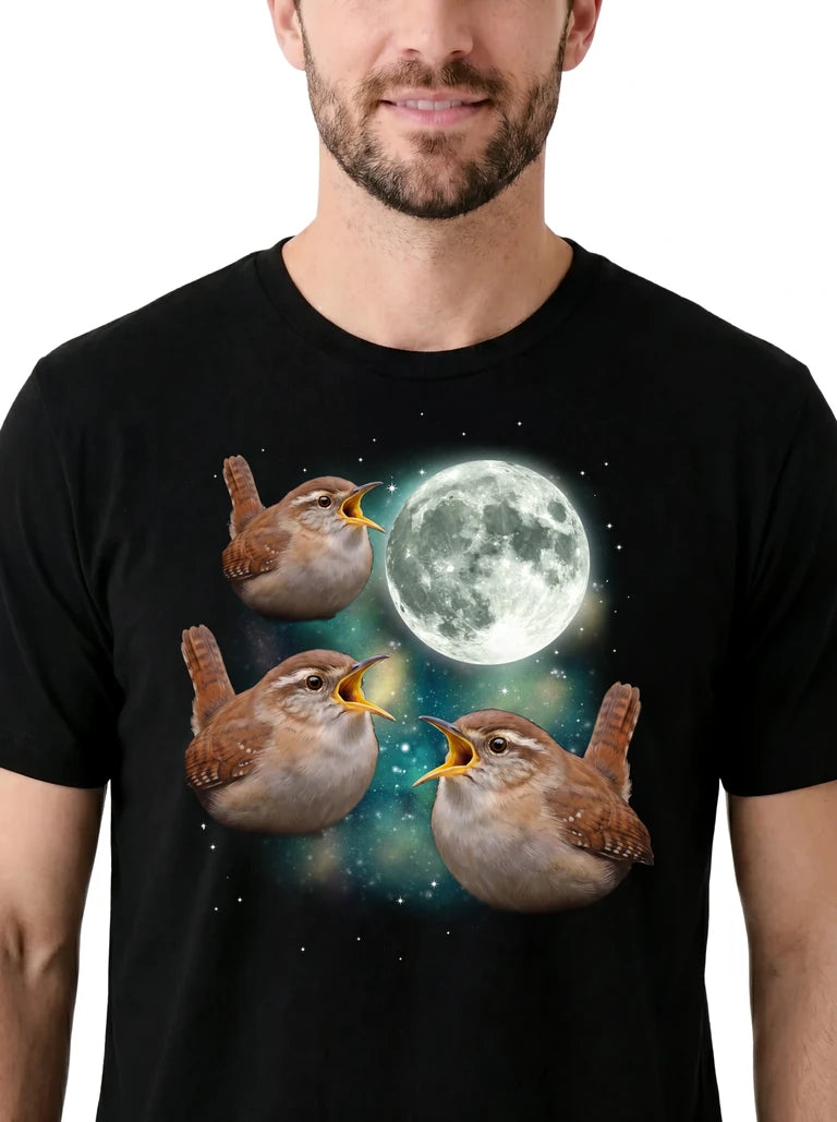 MagicMoon Three Wren Moon on model, design detail view, Funny Animal Shirt